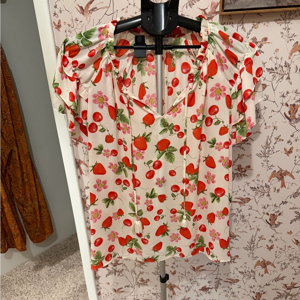 Rose & Olive Cream Strawberry Print Ruffle Sleeve Blouse